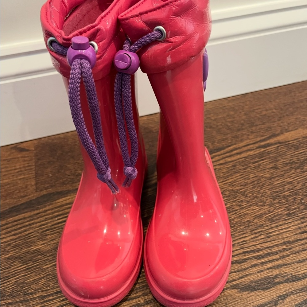 Pink Rain Boots with Purple Accents
